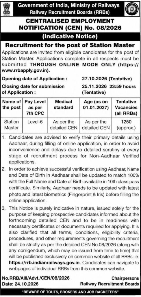 RRB-Station-Master-Short-Notice